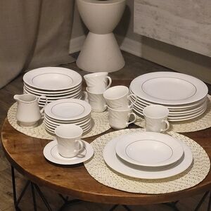 33 Pc Ivory Silver Trim Dinnerware Set Plates Cups Elegant  White Dinnerware Set